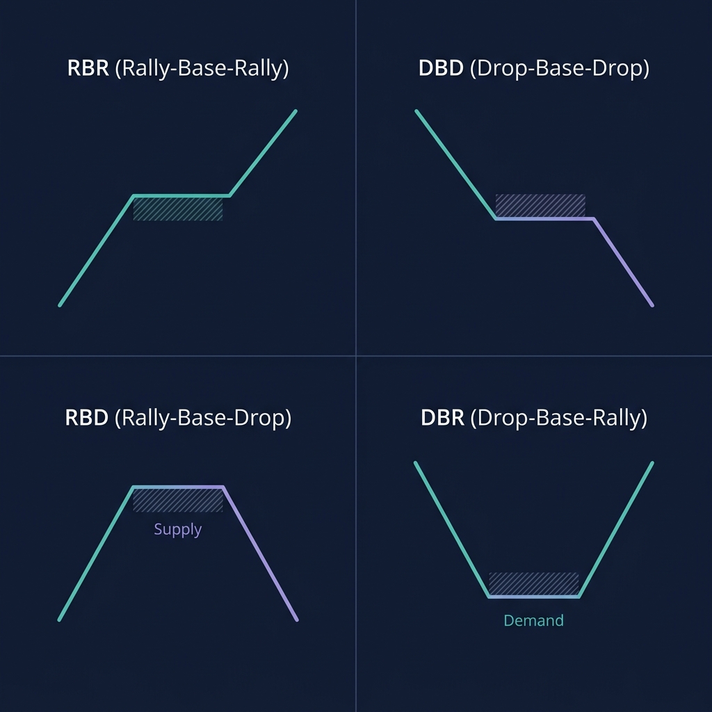 4 zone formation patterns — RBR, DBD, RBD, DBR with directional arrows and labeled zones