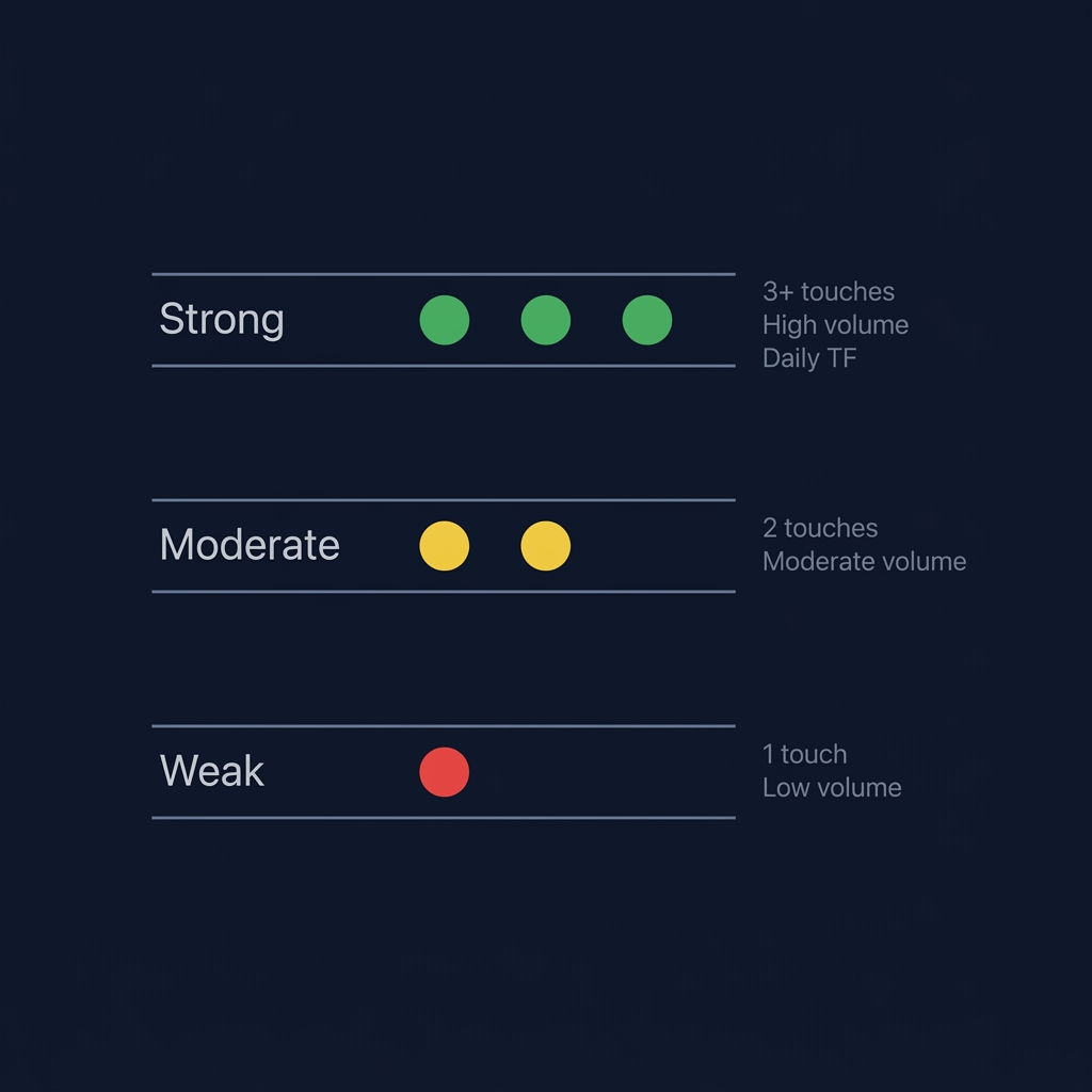 Support and resistance strength scoring — Strong, Moderate, and Weak levels based on touches, volume, and timeframe