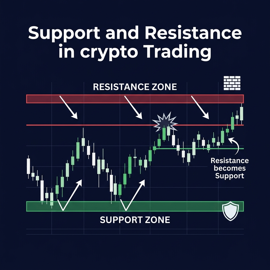 Support and resistance zones with breakout scenario — showing how resistance becomes support after a breakout
