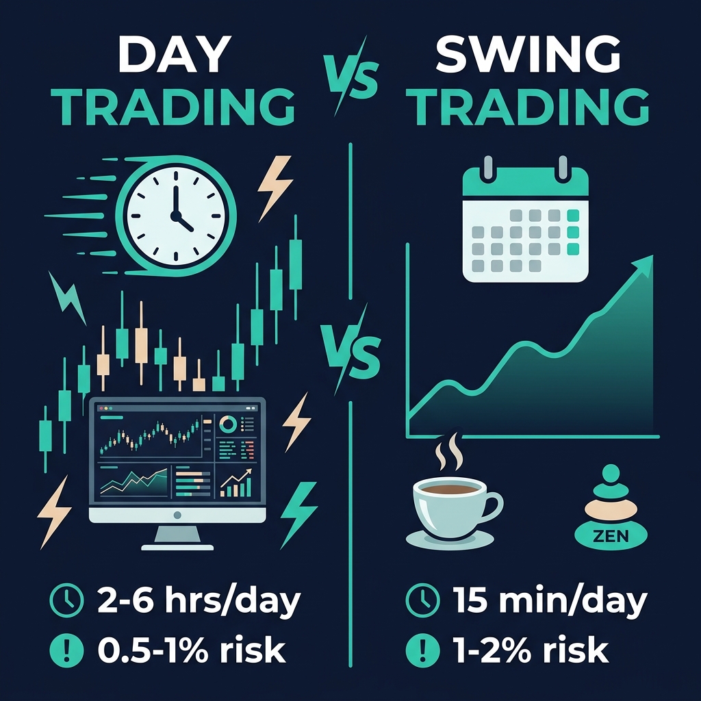 So sánh trực quan giữa swing trading và day trading: thời gian, rủi ro, công cụ, lối sống