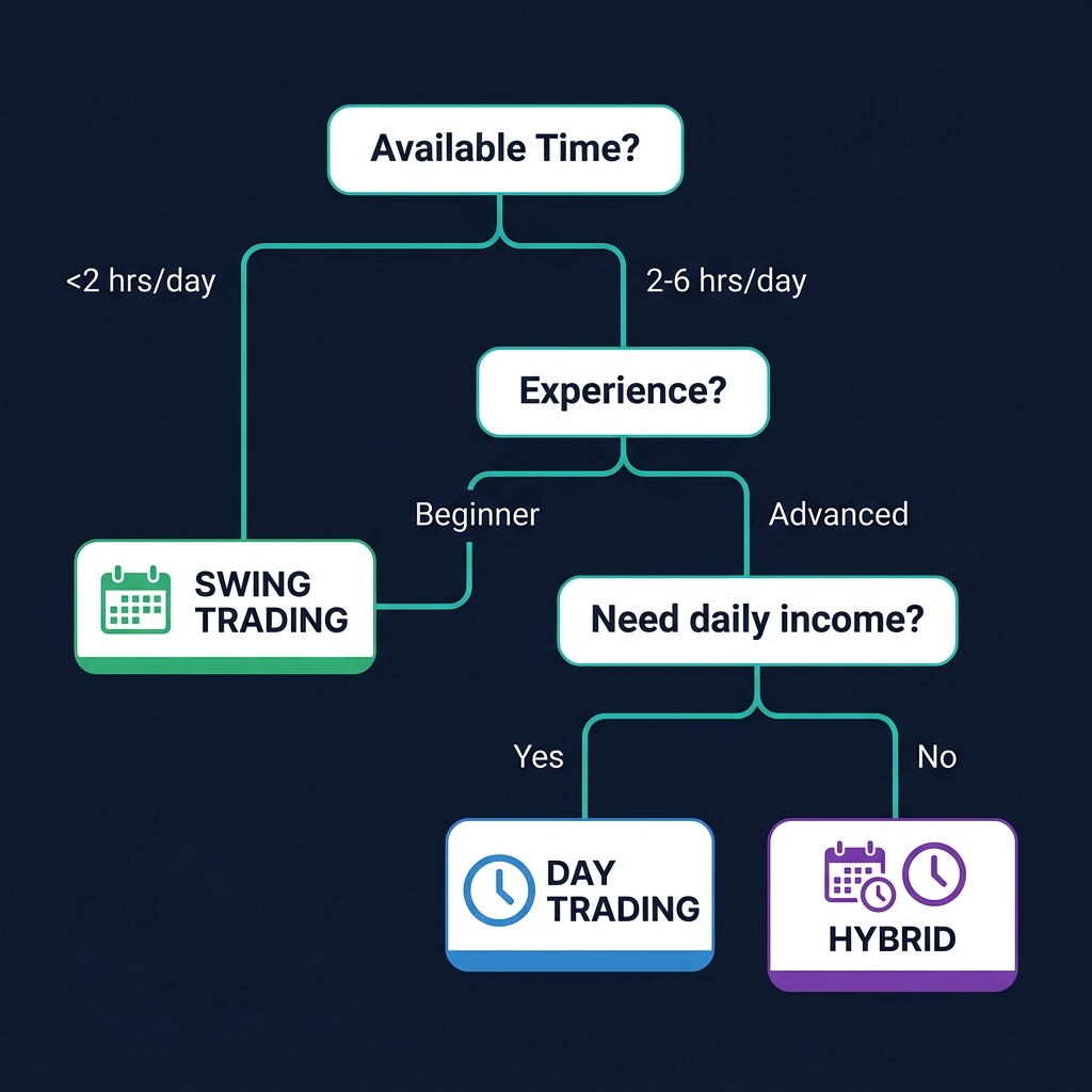 Sơ đồ quyết định lựa chọn giữa swing trading và day trading crypto