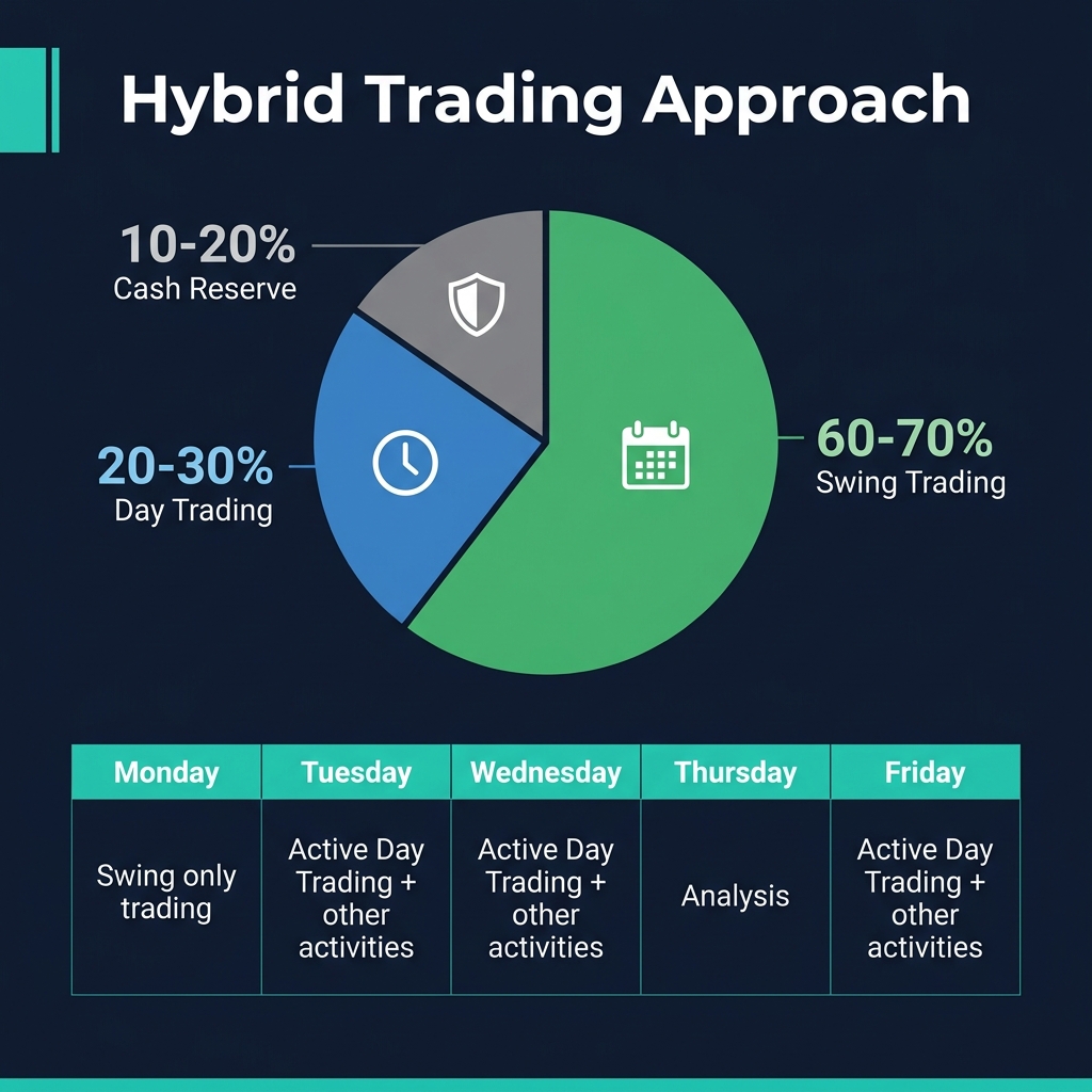 Phương pháp giao dịch kết hợp: phân bổ 60-70% swing, 20-30% day, 10-20% dự trữ tiền mặt