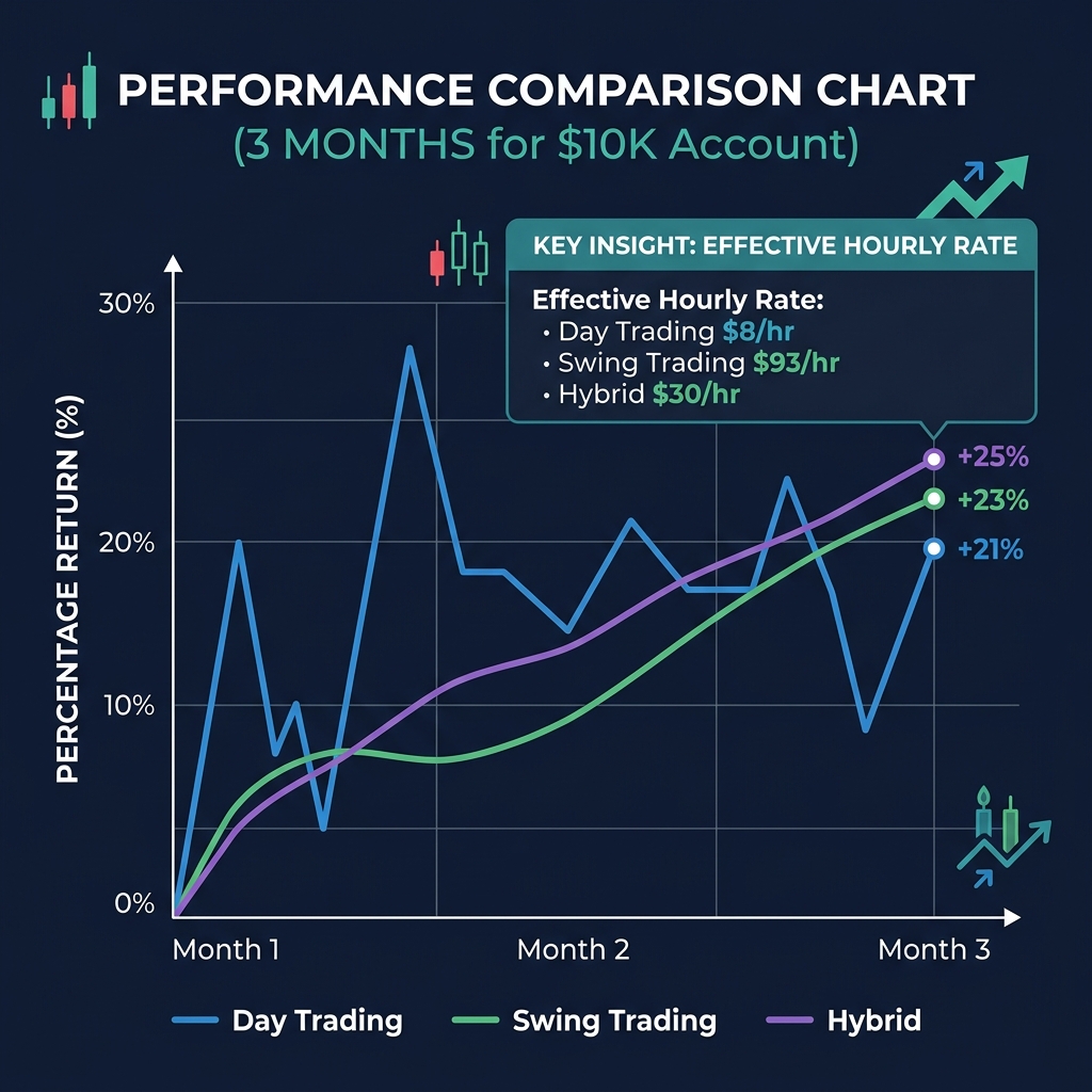 So sánh P&L trong 3 tháng: day trading vs swing trading vs phương pháp kết hợp trên tài khoản $10K