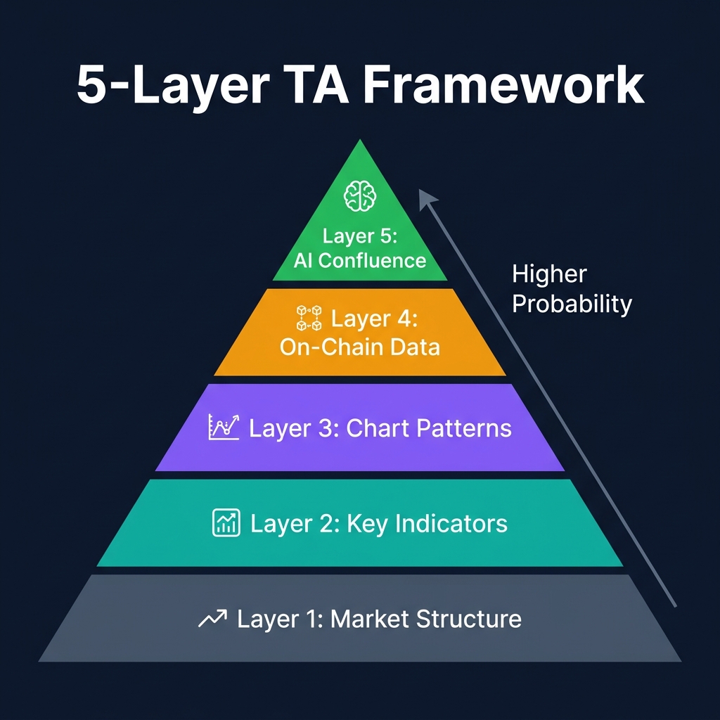 Five-layer TA framework pyramid: Market Structure, Indicators, Patterns, On-Chain, AI Confluence