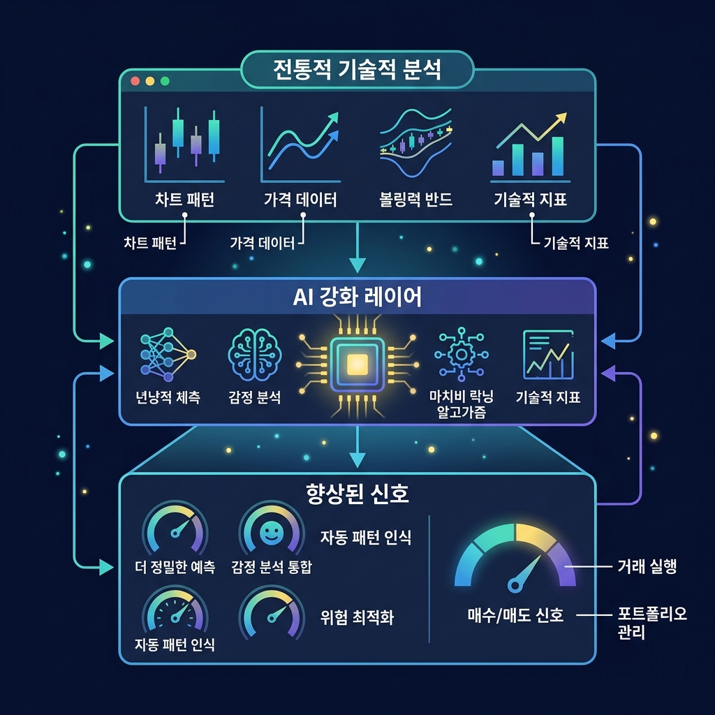 AI가 전통적 기술적 분석을 향상시키는 방식을 보여주는 다이어그램 - 전통적 TA 파이프라인이 AI 레이어로 흘러 들어가며 패턴 인지, 다중 타임프레임 합성, 정서 통합을 통해 향상된 신호를 도출함