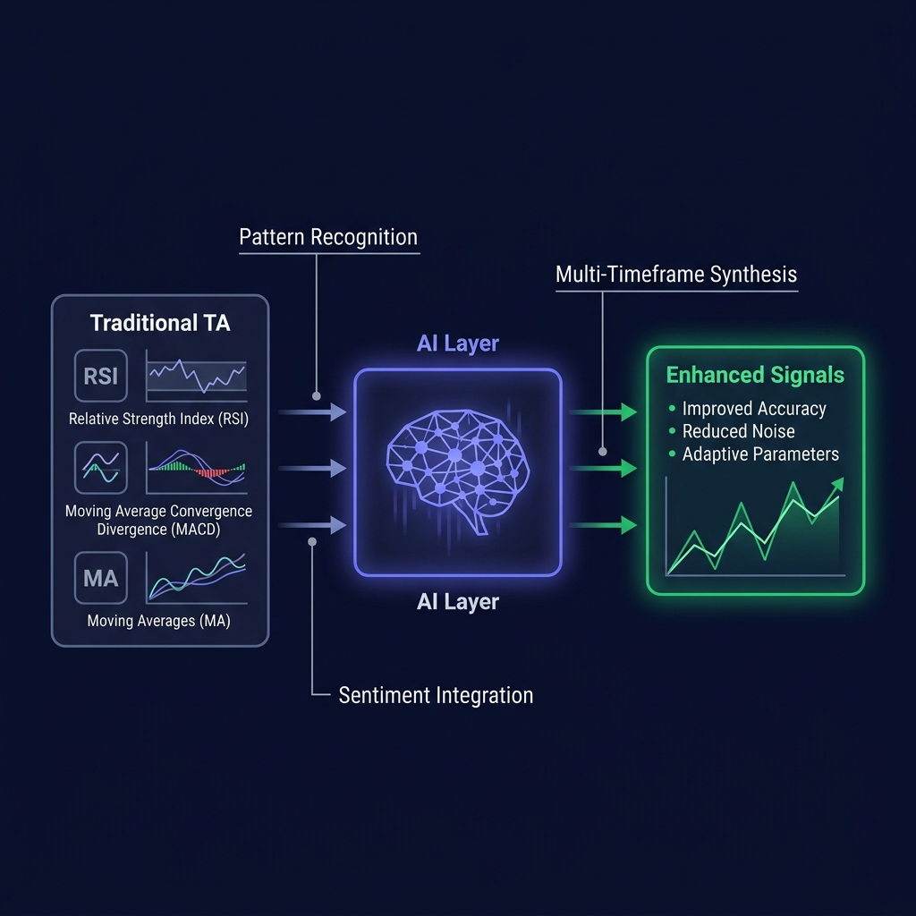 Diagram showing how AI enhances traditional technical analysis β traditional TA pipeline flows into AI layer which outputs enhanced signals with pattern recognition, multi-timeframe synthesis, and sentiment integration