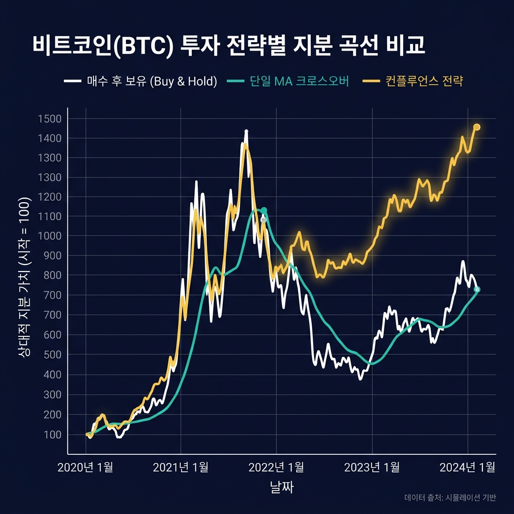 2024년부터 2026년까지 세 가지 BTC 전략의 자산 성장 곡선을 보여주는 데이터 시각화 - 회색은 매수 후 보유, 청록색은 단일 MA 크로스오버, 남색은 두 전략을 아웃퍼폼하는 컨플루언스 전략