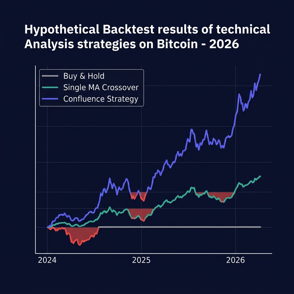 Data visualization showing equity curves of three BTC strategies from 2024 to 2026 β buy and hold in gray, single MA crossover in teal, and confluence strategy in indigo outperforming both
