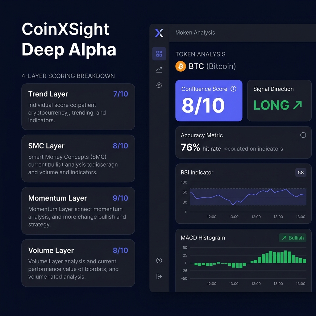 CoinXSight Deep Alpha module showing BTC analysis with Confluence Score 8/10, LONG signal, 76% hit rate accuracy, RSI at 58, and 4-layer scoring breakdown