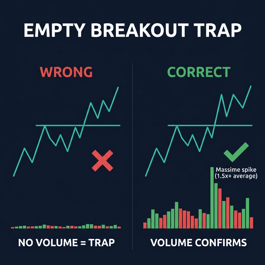 Bẫy breakout giả: so sánh breakout có và không có xác nhận của volume