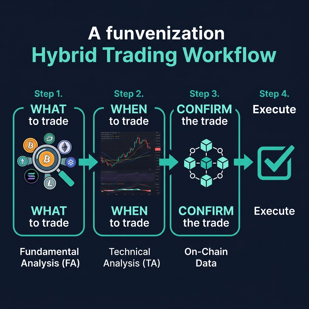 Hybrid TA+FA framework: FA for WHAT, TA for WHEN, On-chain for CONFIRM