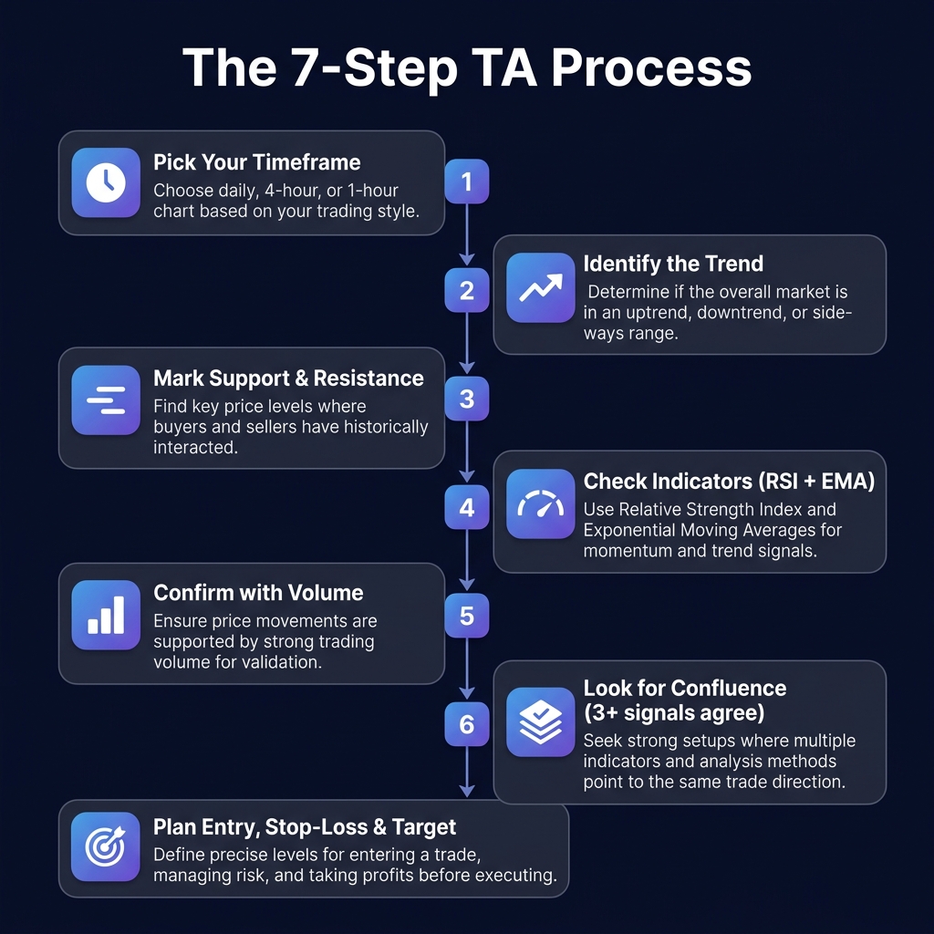 The 7-step technical analysis process — from picking timeframe to planning your trade