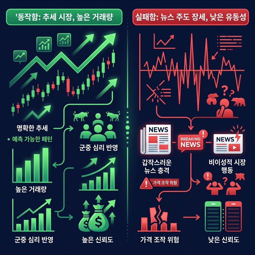 기술적 분석이 작동하는 상황과 실패하는 상황을 나누어 보여주는 분할 인포그래픽 - 왼쪽 초록색은 추세 시장과 높은 거래량, 오른쪽 빨간색은 뉴스 중심 장세와 낮은 유동성