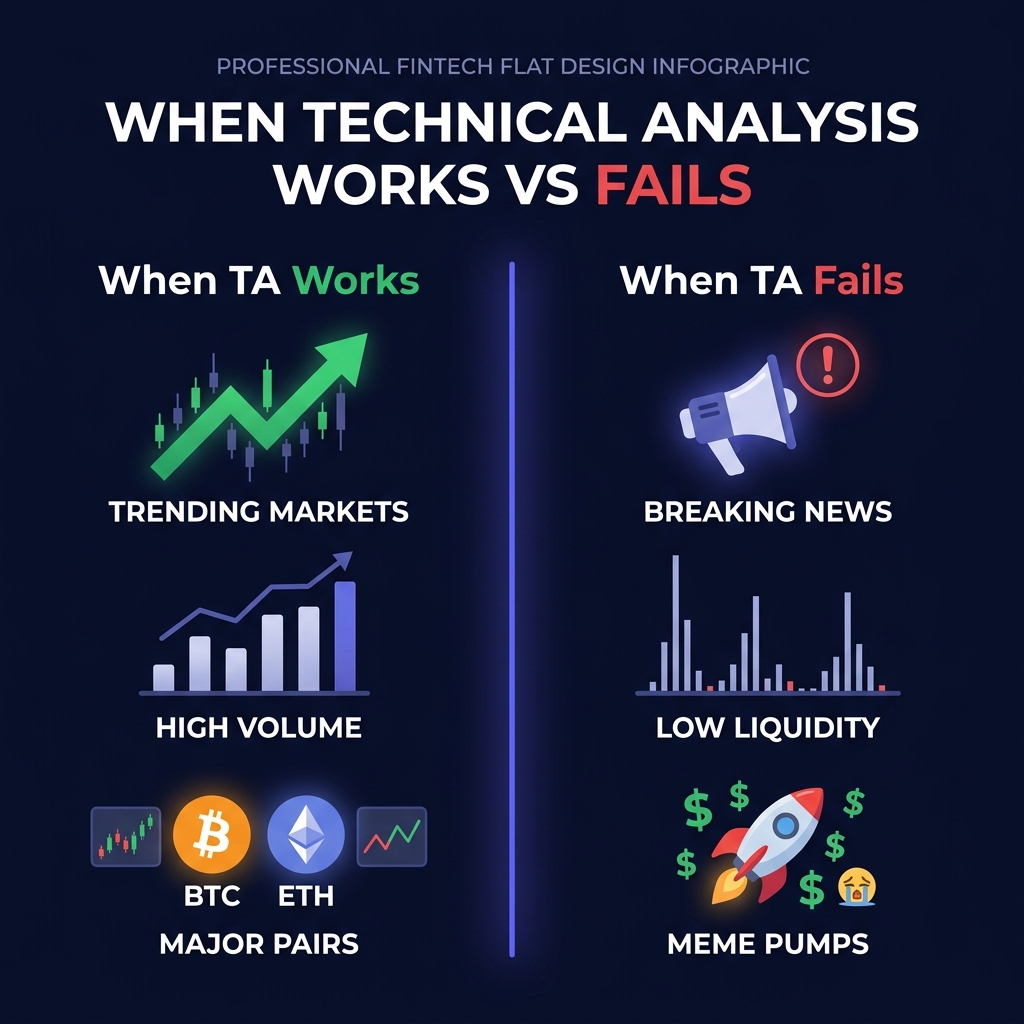 Split comparison infographic showing when technical analysis works versus when it fails β trending markets and high volume on left in green, news events and low liquidity on right in red
