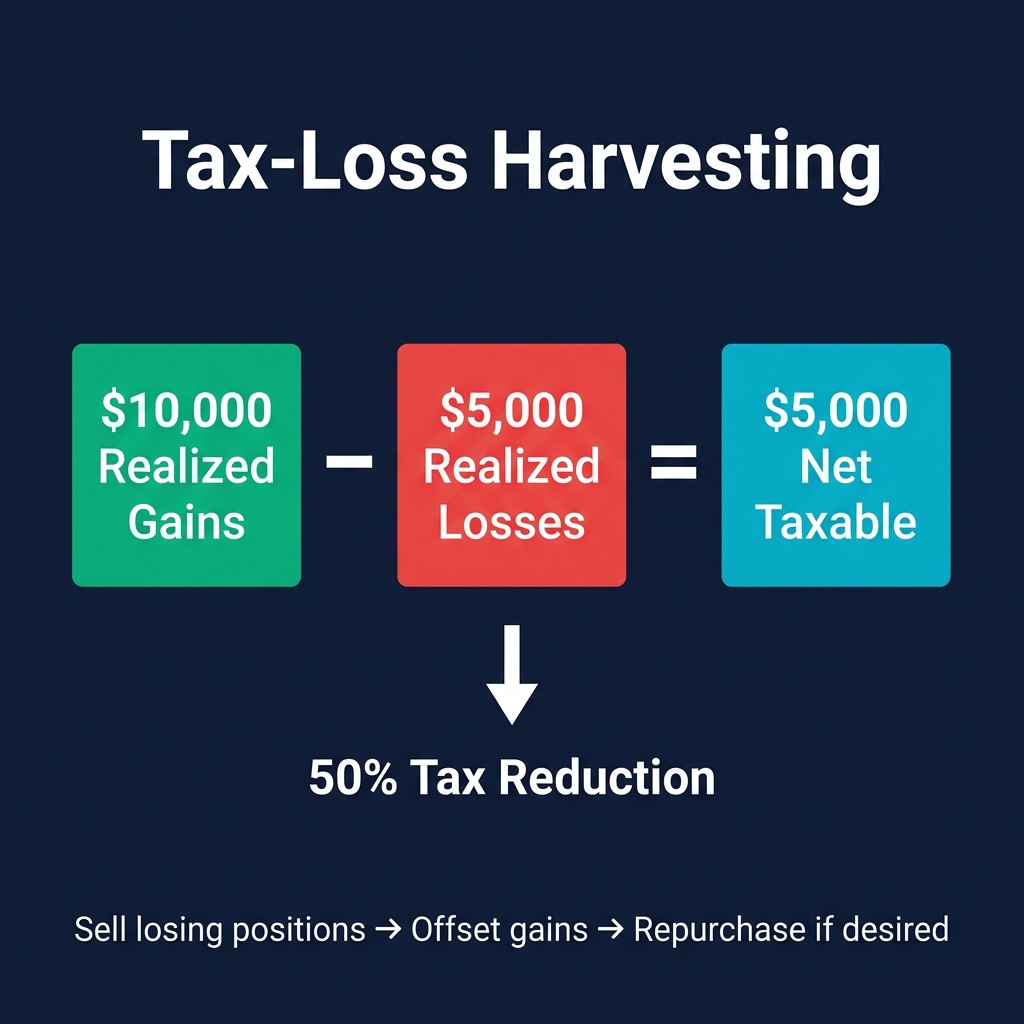 Tax loss harvesting: $10,000 gains - $5,000 realized losses = $5,000 net taxable, 50% tax reduction