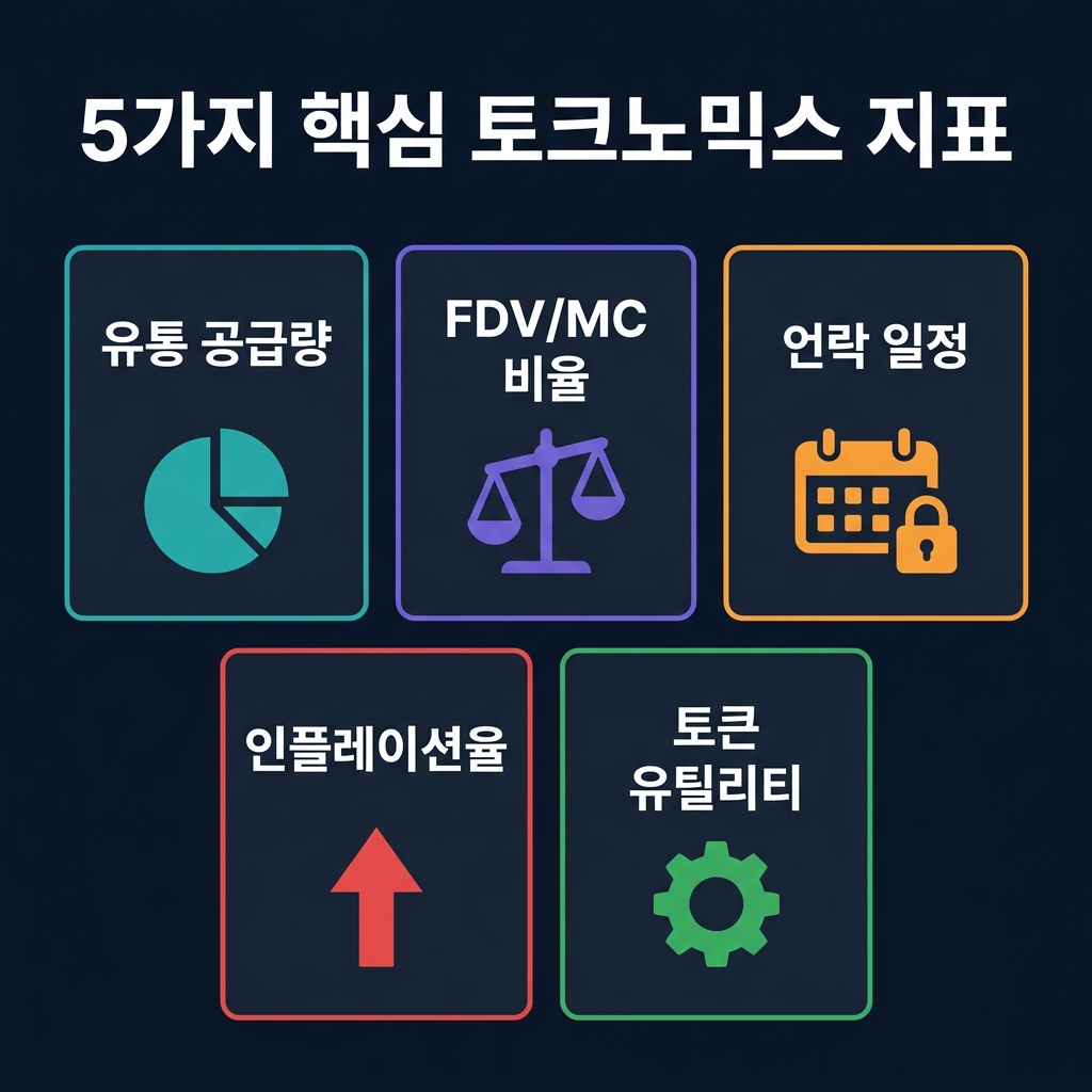 유통 공급량, FDV/MC 비율, 락업 해제 일정, 인플레이션율, 토큰 유틸리티의 5가지 핵심 토크노믹스 지표를 카드 형태로 나타낸 시각화 이미지