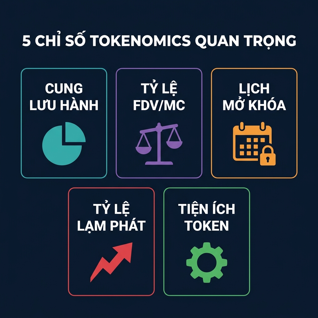 5 chỉ số tokenomics cốt lõi được hiển thị trực quan: Nguồn cung Lưu hành, Tỷ lệ FDV/MC, Lịch trình Mở khóa, Tỷ lệ Lạm phát và Công dụng Token
