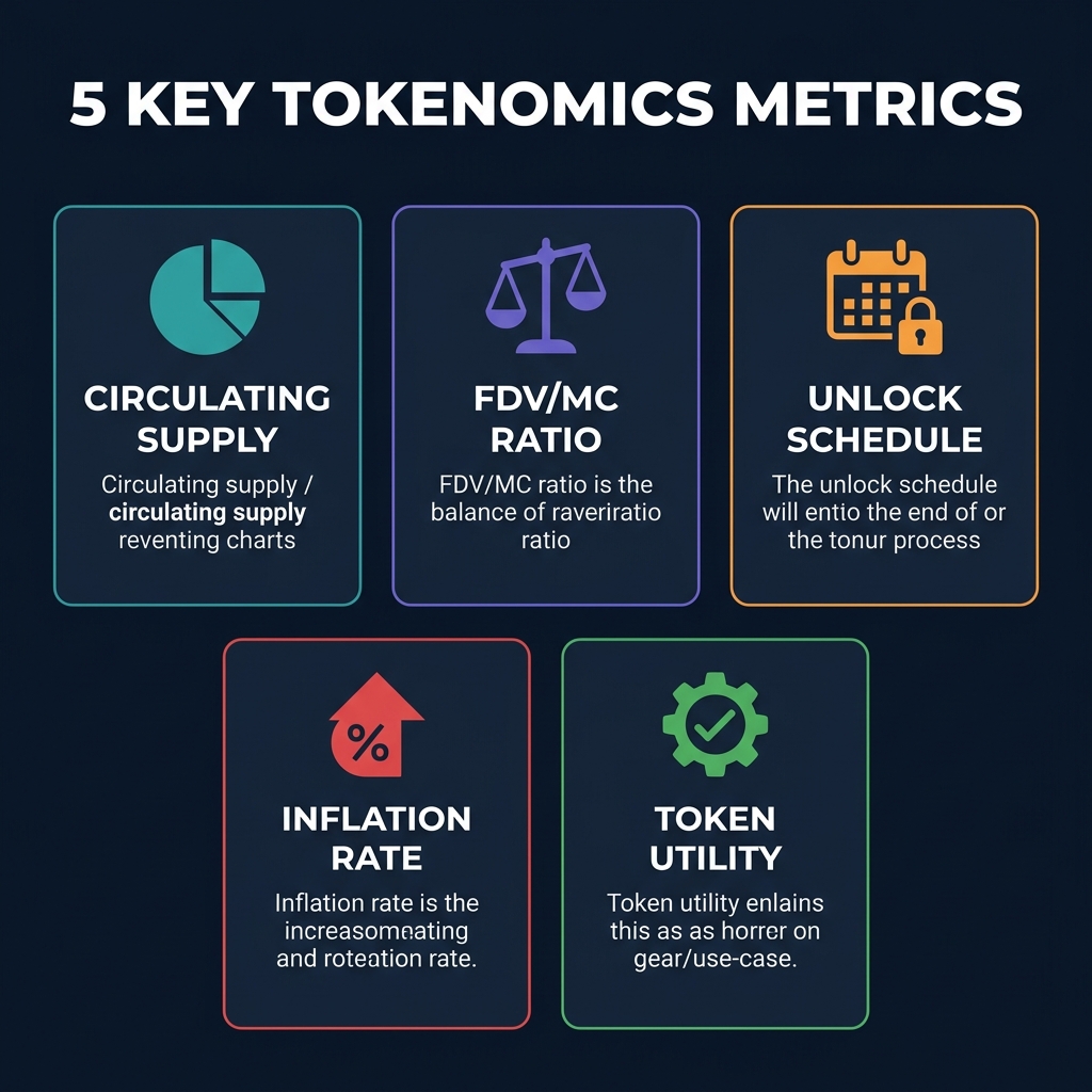 Five key tokenomics metrics displayed as glowing cards: Circulating Supply, FDV/MC Ratio, Unlock Schedule, Inflation Rate, and Token Utility