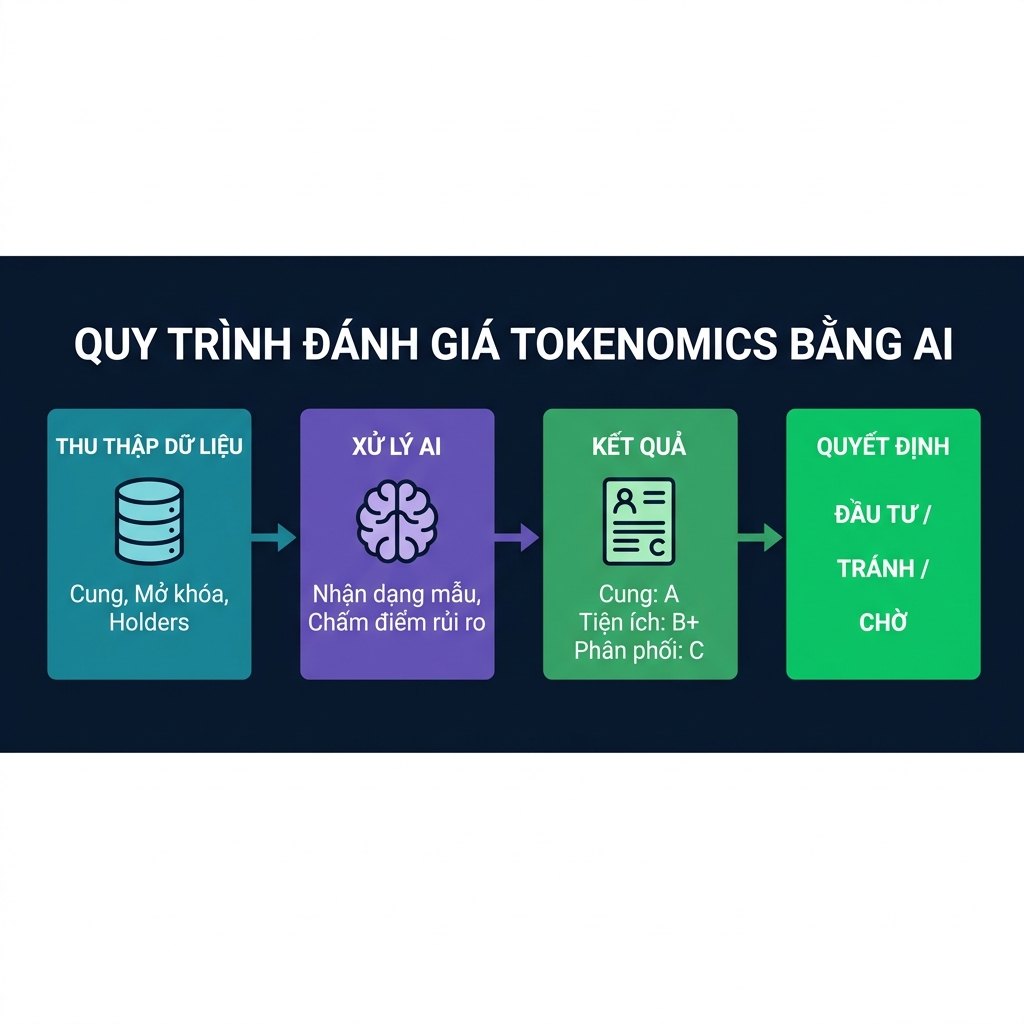 Quy trình phân tích của AI để đánh giá tokenomics hiển thị dữ liệu truyền qua bộ xử lý AI đến kết quả phân tích với điểm số và biểu đồ