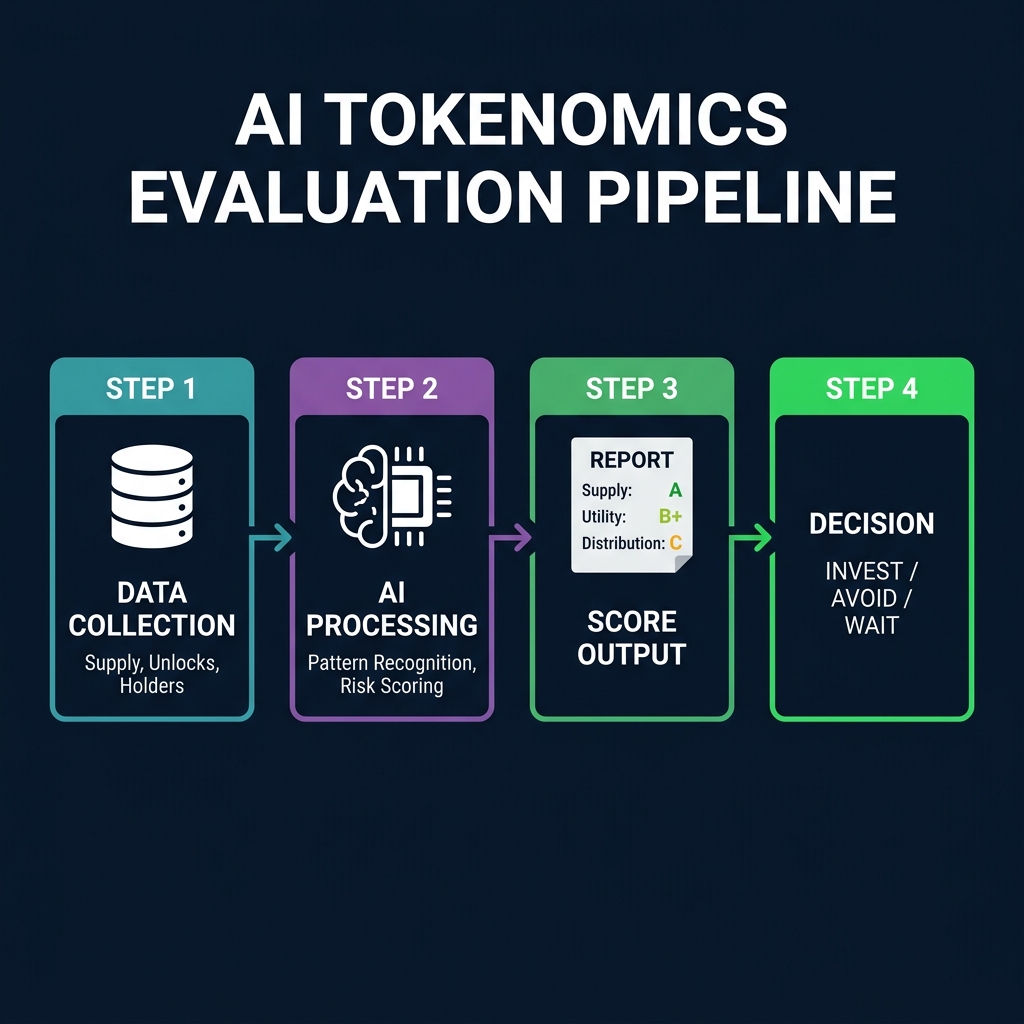 AI analysis pipeline for tokenomics evaluation showing data flowing through AI processing to analysis output with scores and charts