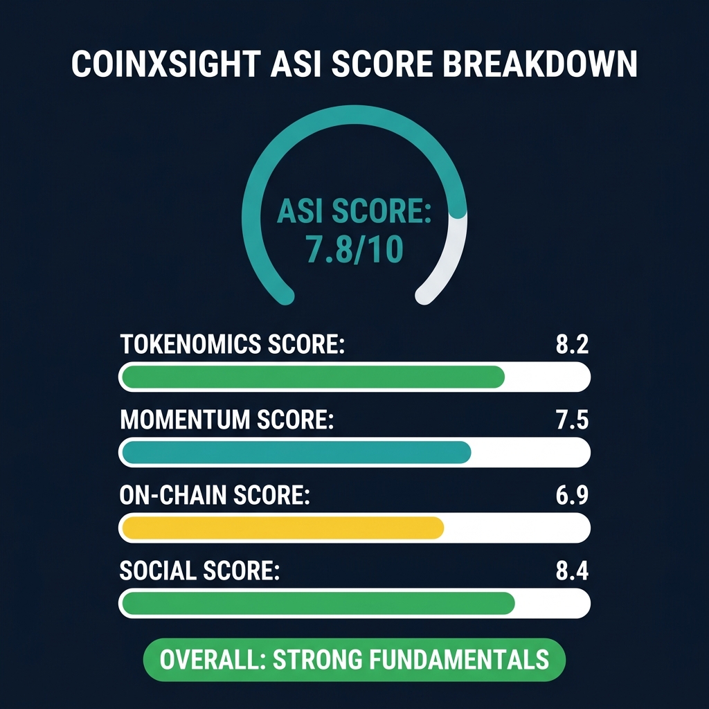 토크노믹스 점수, 모멘텀 점수, 온체인 점수, 소셜 점수 내역을 포함한 CoinXSight ASI 스코어 분석 대시보드 시각화 이미지