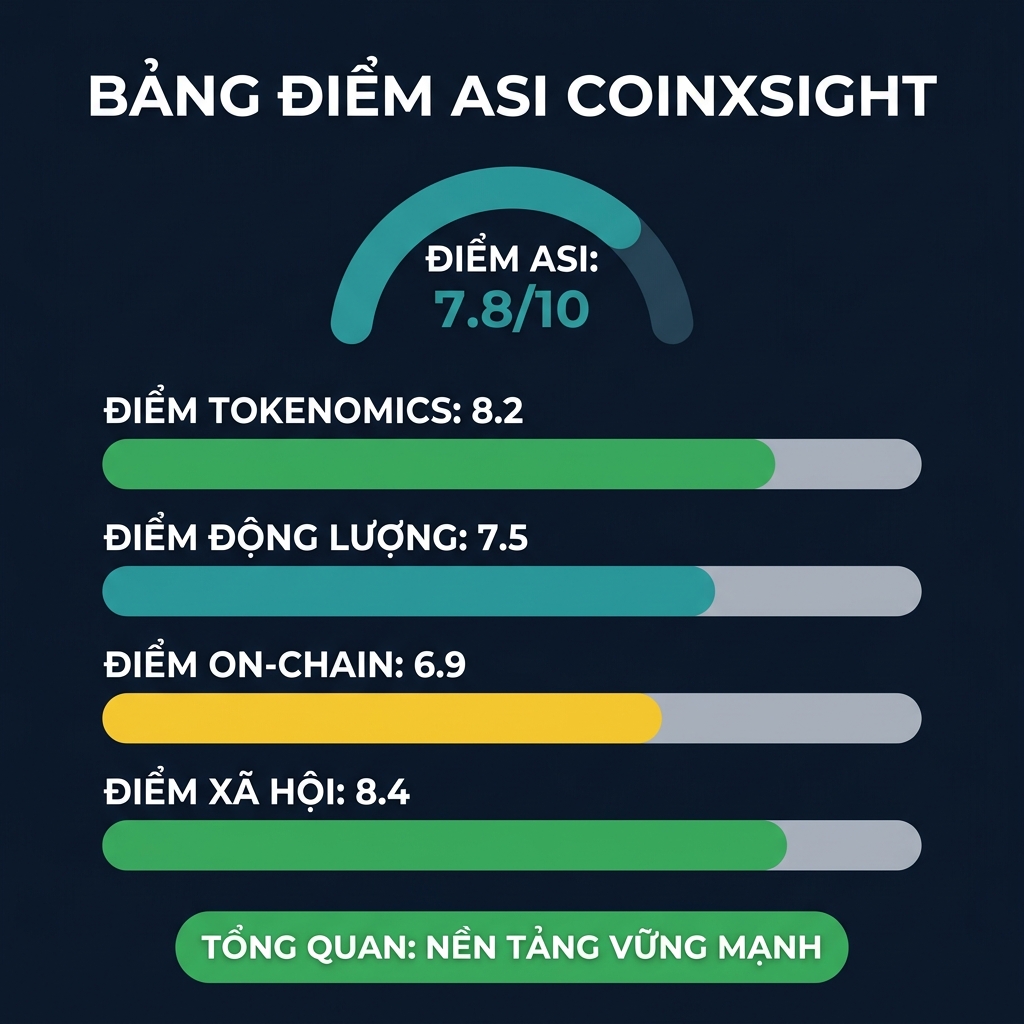 Bảng phân tích chi tiết Điểm số ASI của CoinXSight hiển thị điểm Tokenomics, điểm Động lượng, điểm On-Chain và điểm Xã hội