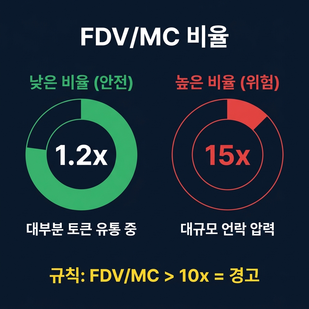 낮은 FDV/MC 비율(안전, 초록색)과 높은 FDV/MC 비율(위험, 빨간색) 하에서 유통 공급량 비중을 비교 시각화한 이미지
