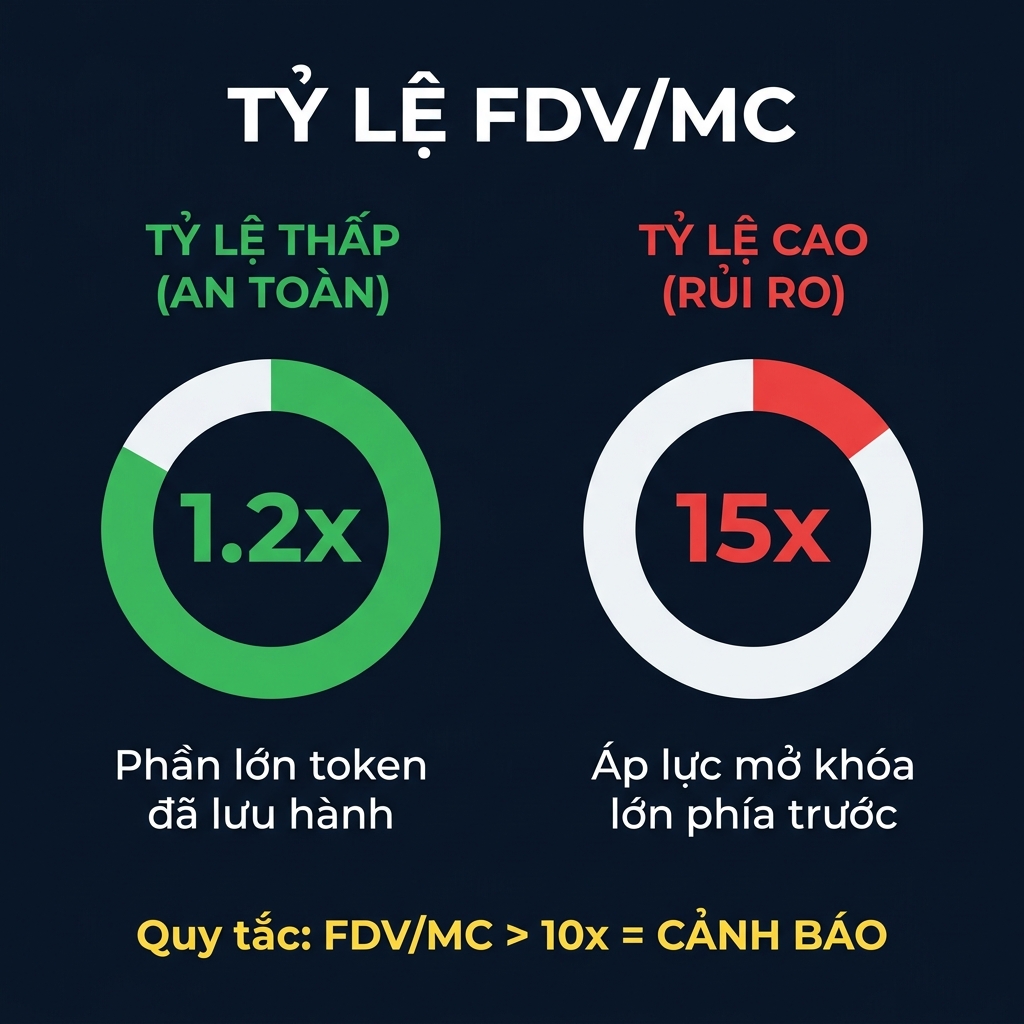 So sánh trực quan giữa tỷ lệ FDV/MC thấp (an toàn, màu xanh) và tỷ lệ FDV/MC cao (rủi ro, màu đỏ) hiển thị tỷ trọng cung lưu hành