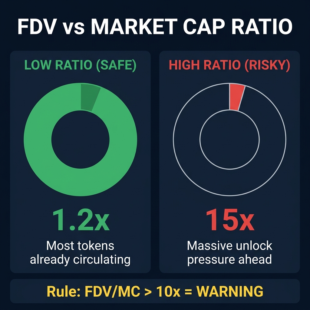 Visual comparison of low FDV/MC ratio (safe, green) versus high FDV/MC ratio (risky, red) showing circulating supply proportions