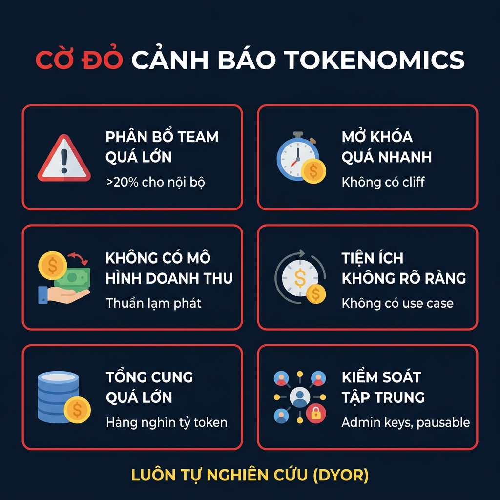 Danh sách dấu hiệu cảnh báo đỏ về tokenomics hiển thị 7 dấu hiệu nguy hiểm với các icon cảnh báo để đánh giá rủi ro token
