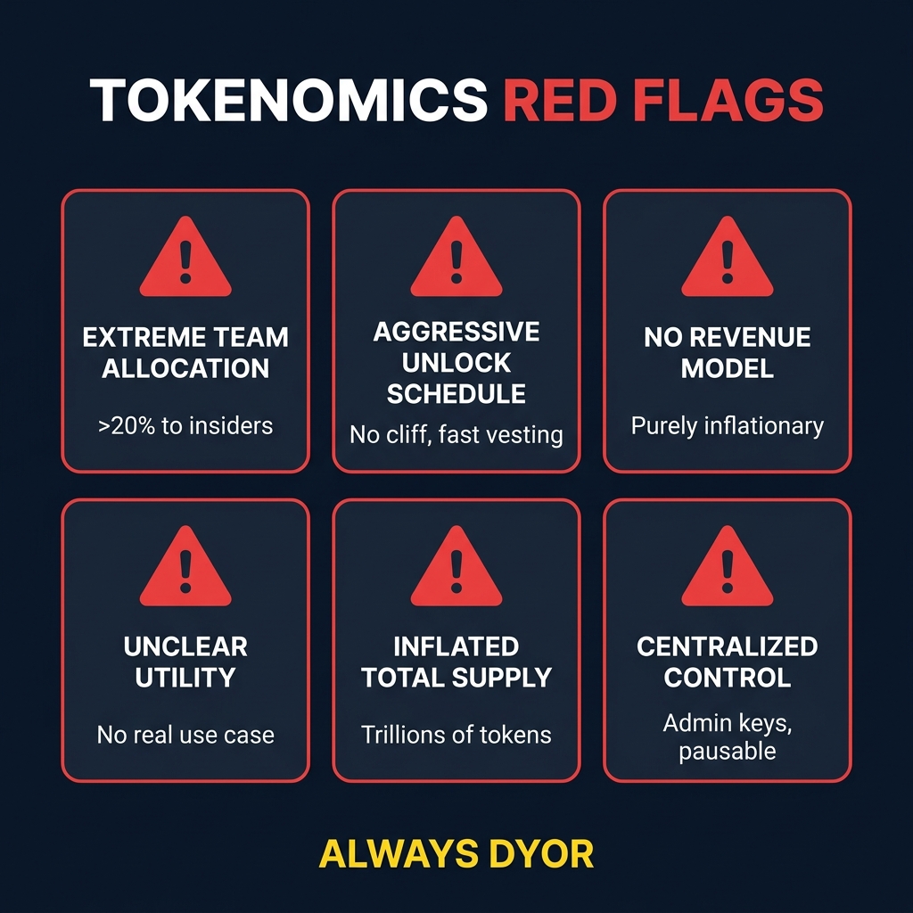 Tokenomics red flags checklist showing 7 warning signs with danger icons for evaluating token risk