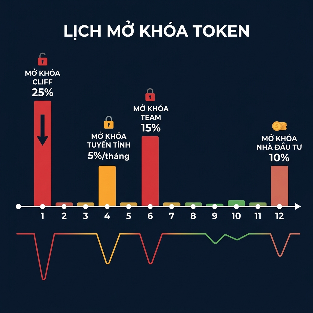 Hình ảnh dòng thời gian các sự kiện unlock token trong vòng 12 tháng hiển thị các đợt giải phóng định kỳ và tuyến tính với các chỉ báo tác động giá