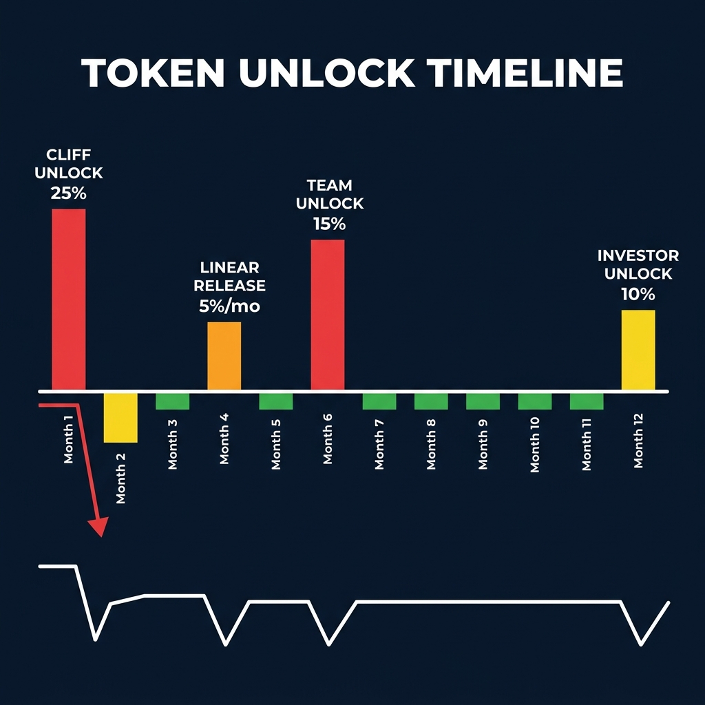 Timeline visualization of token unlock events over 12 months showing cliff and linear releases with price impact indicators