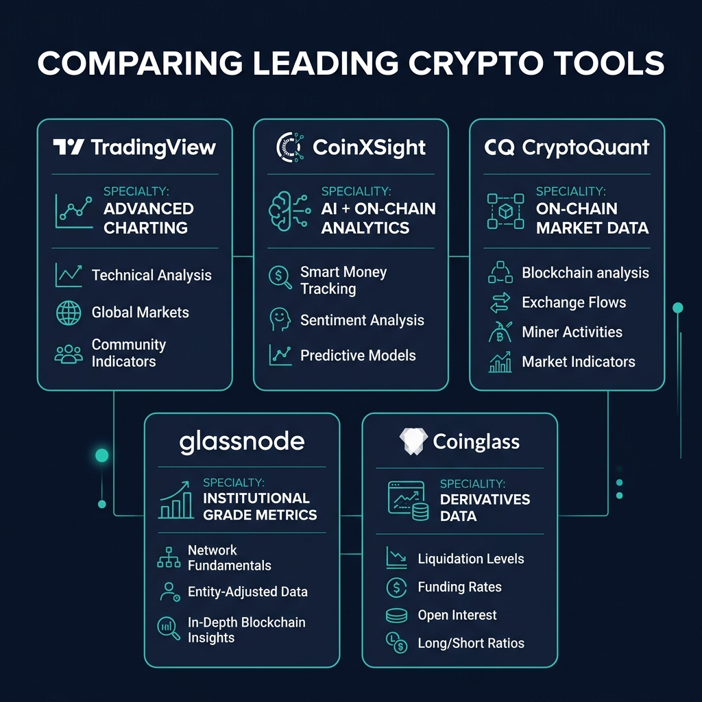 Comparison matrix of top crypto analysis platforms by specialty