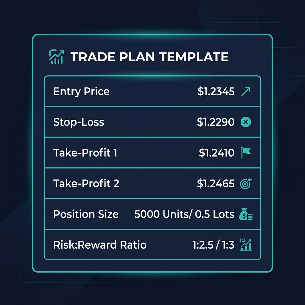 Trade plan template showing Entry, Stop-Loss, Take-Profit, Position Size, and Risk:Reward