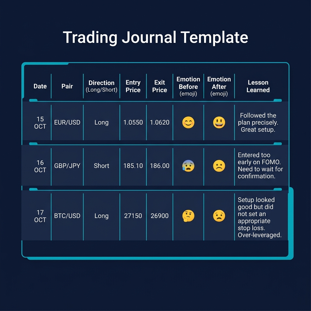 Trading journal template showing Date, Trade, Entry/Exit, Emotion Before/After, and Lesson Learned columns