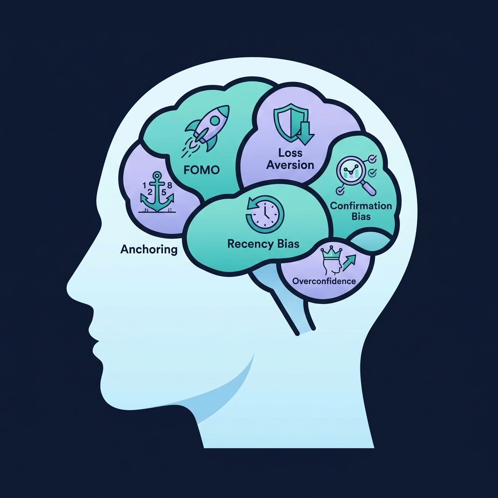 Six cognitive biases that affect crypto traders: FOMO, Loss Aversion, Confirmation Bias, Anchoring, Recency Bias, and Overconfidence