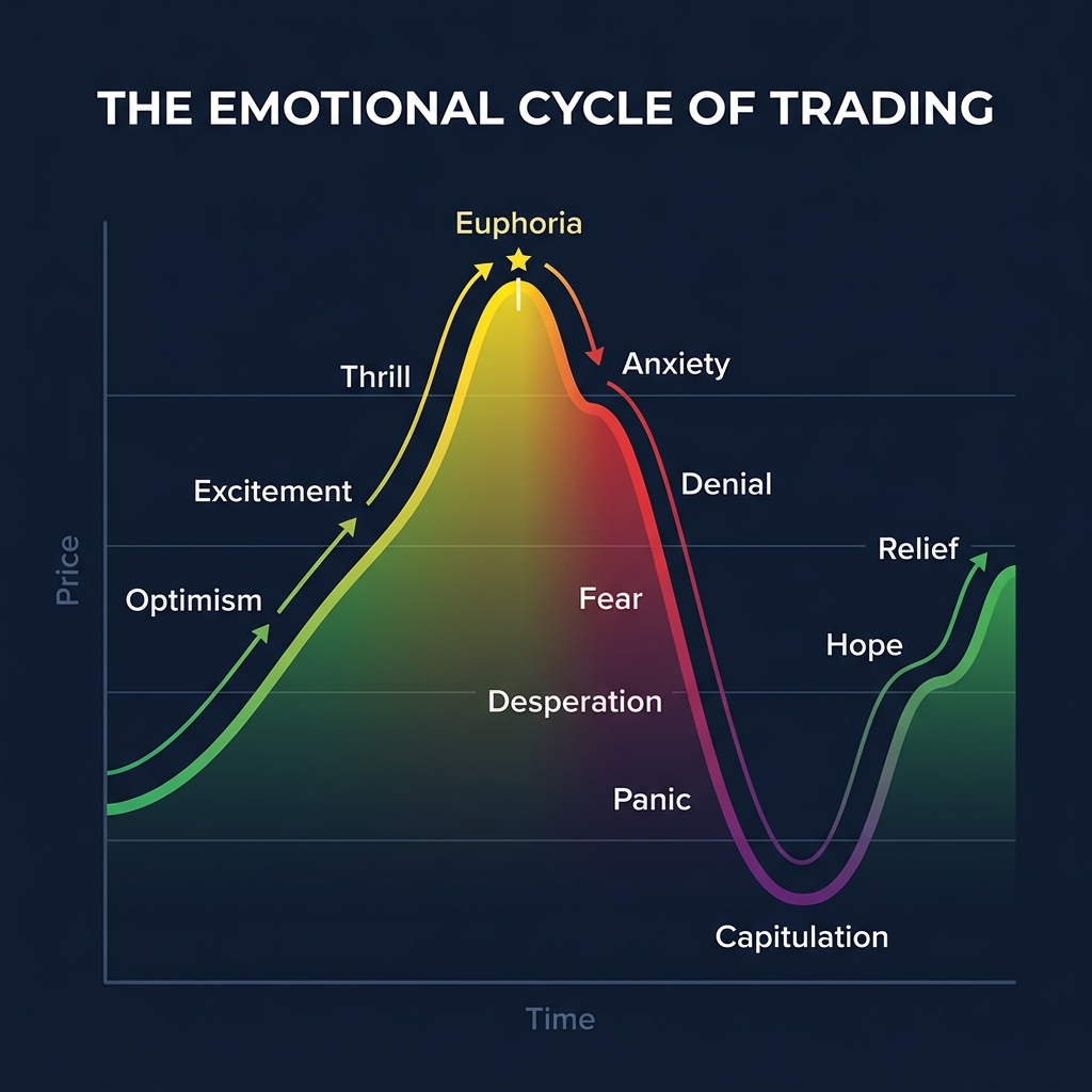 Emotional cycle — Optimism → Euphoria → Anxiety → Panic → Capitulation → Hope
