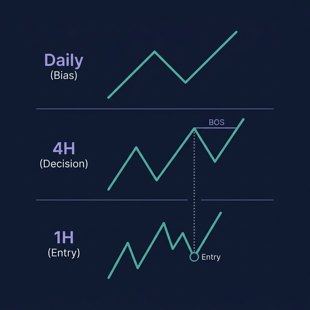 Multi-timeframe alignment showing Daily, 4H, and 1H charts with synchronized bullish structure