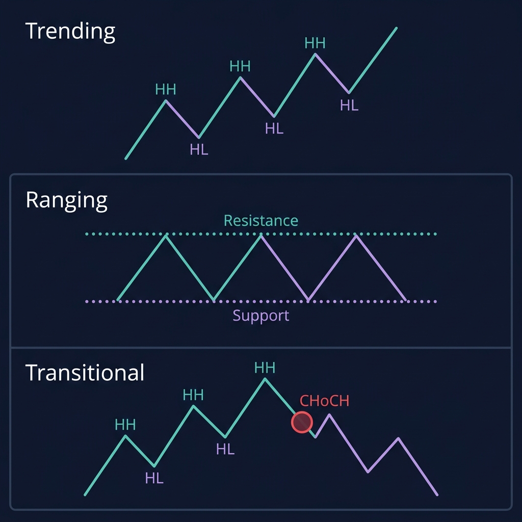 Three market phases — Trending, Ranging, and Transitional with characteristic swing patterns for each