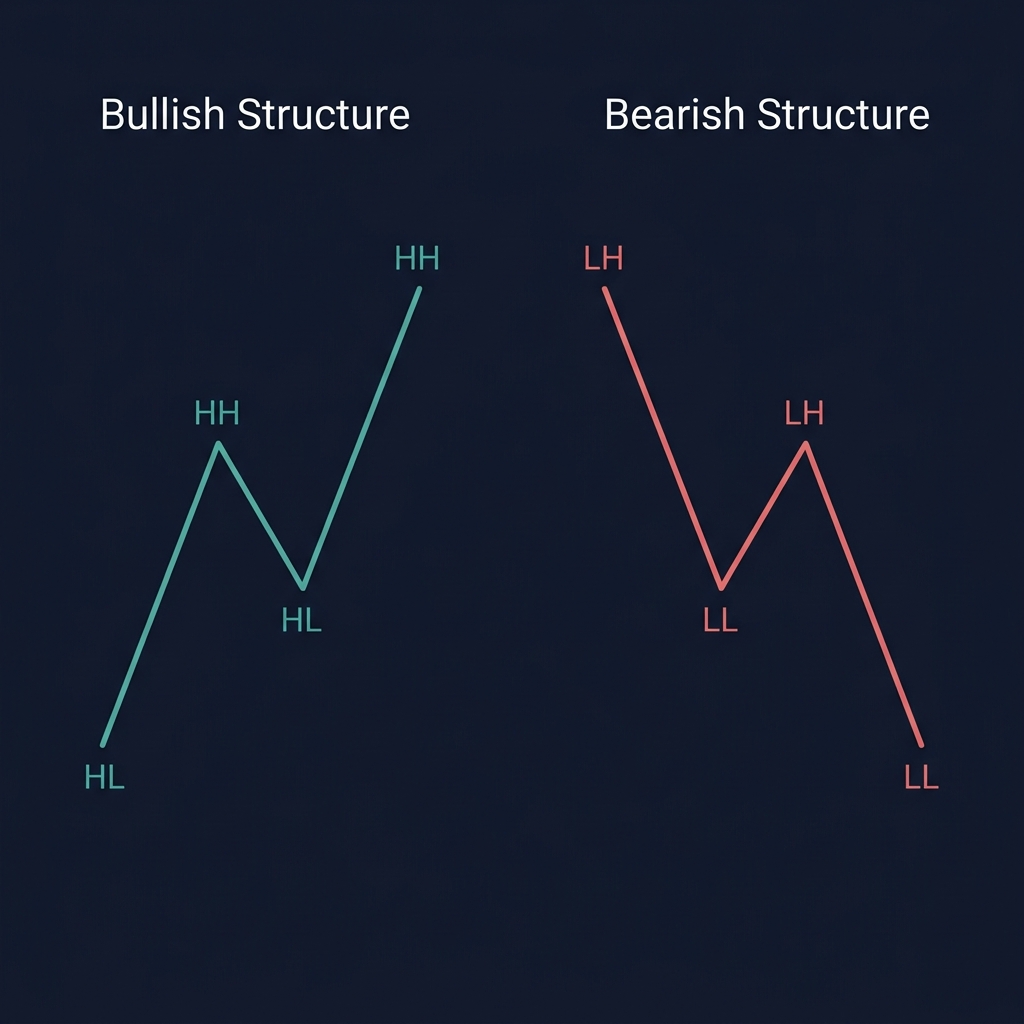 Four swing point types — HH, HL, LH, LL with labeled arrows on a price chart showing bullish and bearish sequences