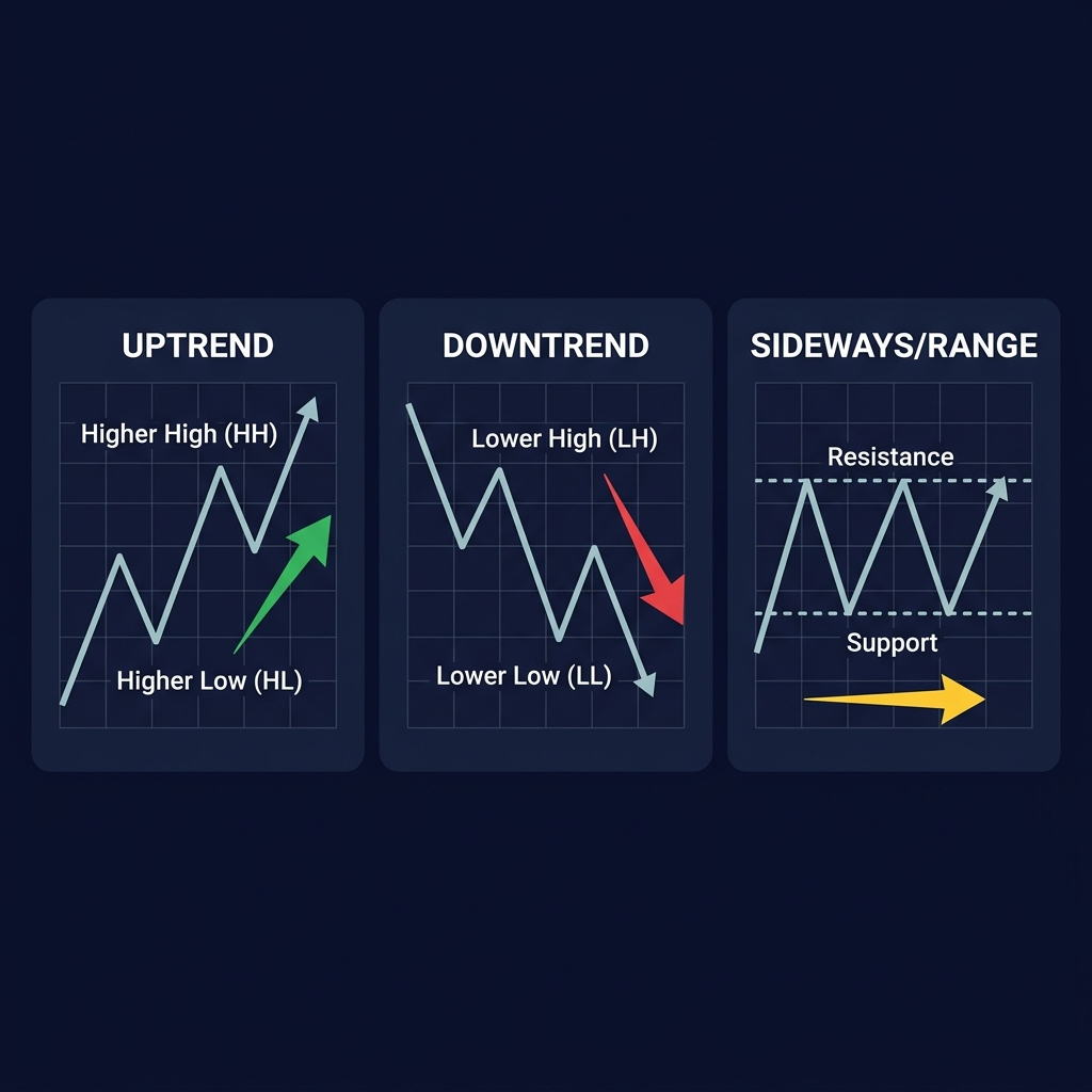 Three types of market trends — uptrend with higher highs/lows, downtrend with lower highs/lows, sideways range between support and resistance