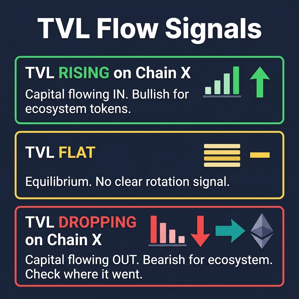 TVL flow signals — rising TVL is bullish for ecosystem, dropping TVL is bearish and shows where capital went