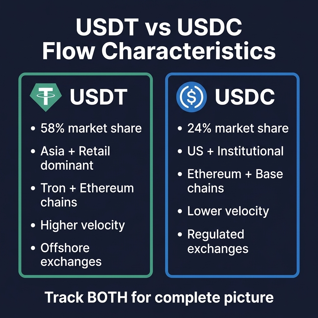 USDT vs USDC flow characteristics — market share, geography, chain distribution