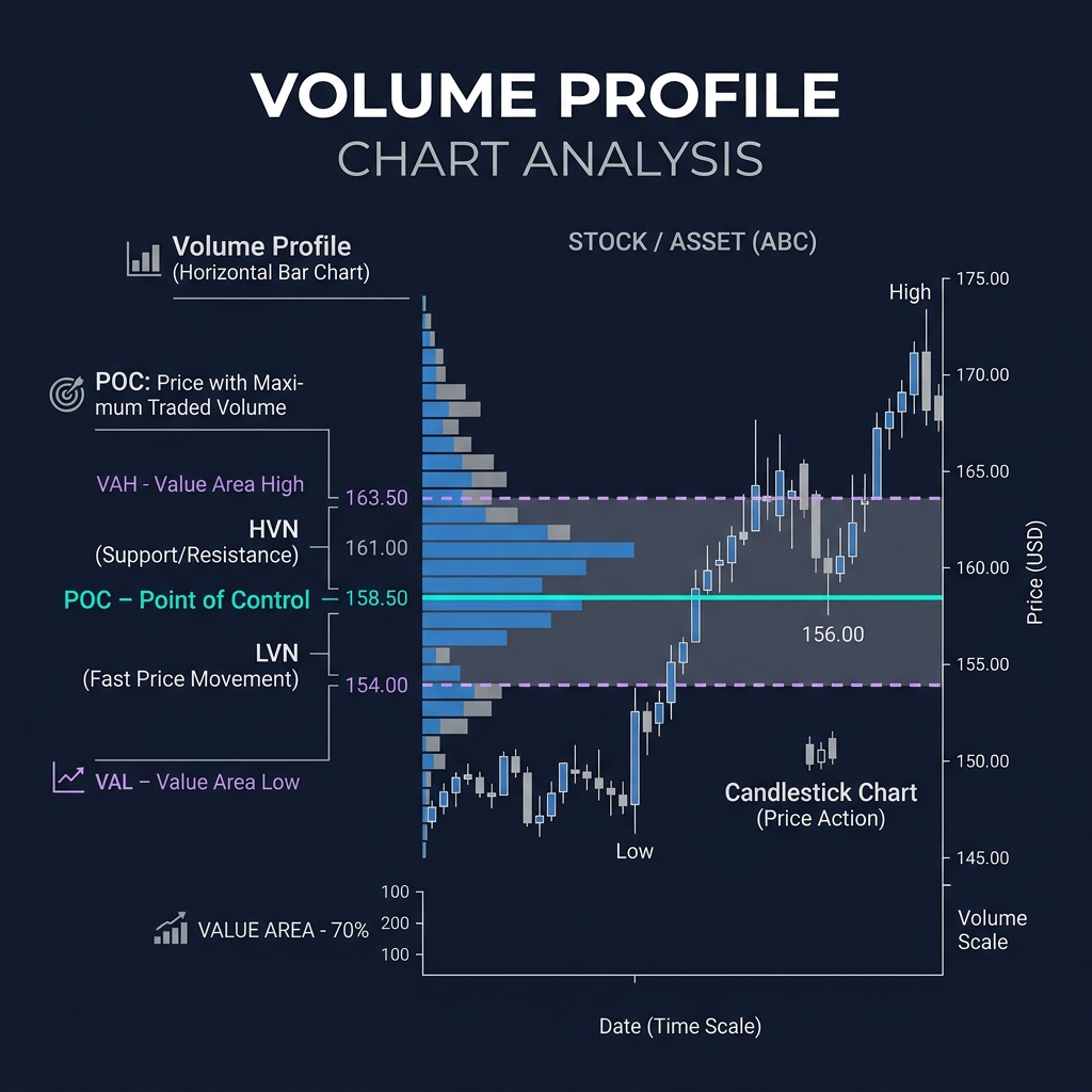 Volume Profile chart showing Point of Control (POC), Value Area High, Value Area Low, and horizontal volume bars