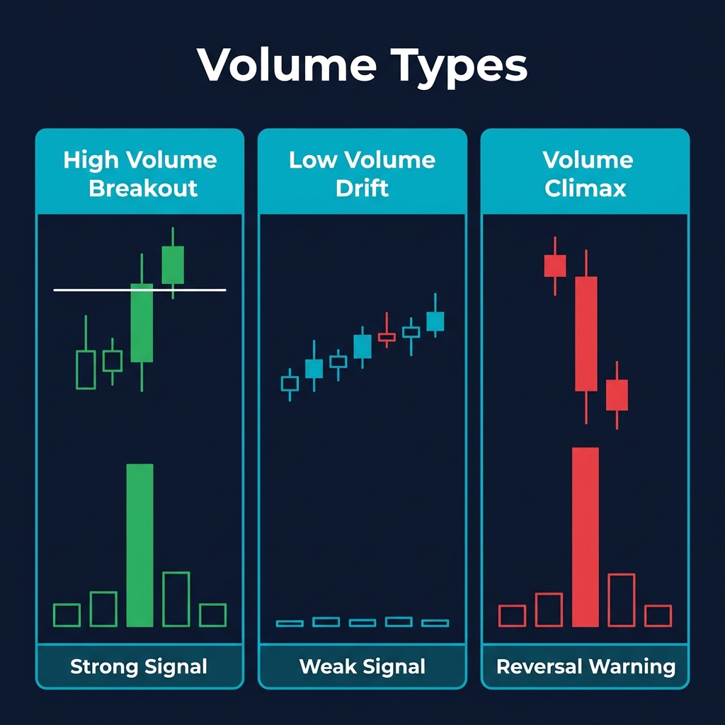 Volume types: High Volume Breakout (strong), Low Volume Drift (weak), Volume Climax (reversal signal)