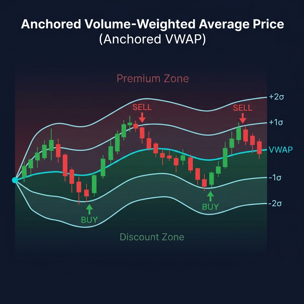 VWAP với deviation bands — Premium Zone và Discount Zone