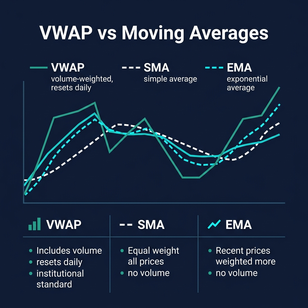 VWAP vs SMA vs EMA comparison: VWAP includes volume and resets daily (institutional standard), SMA gives equal weight to all prices, EMA weights recent prices more
