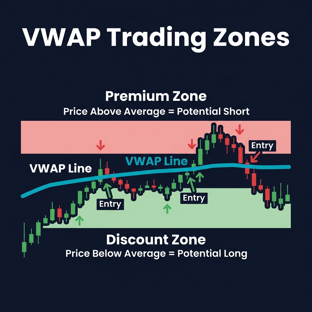 VWAP trading zones: Premium Zone above VWAP (potential short), Discount Zone below VWAP (potential long), with entry arrows at VWAP bounces