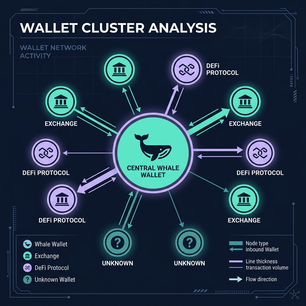 Wallet cluster analysis: Central whale wallet connected to exchange, DeFi protocol, and unknown wallet nodes